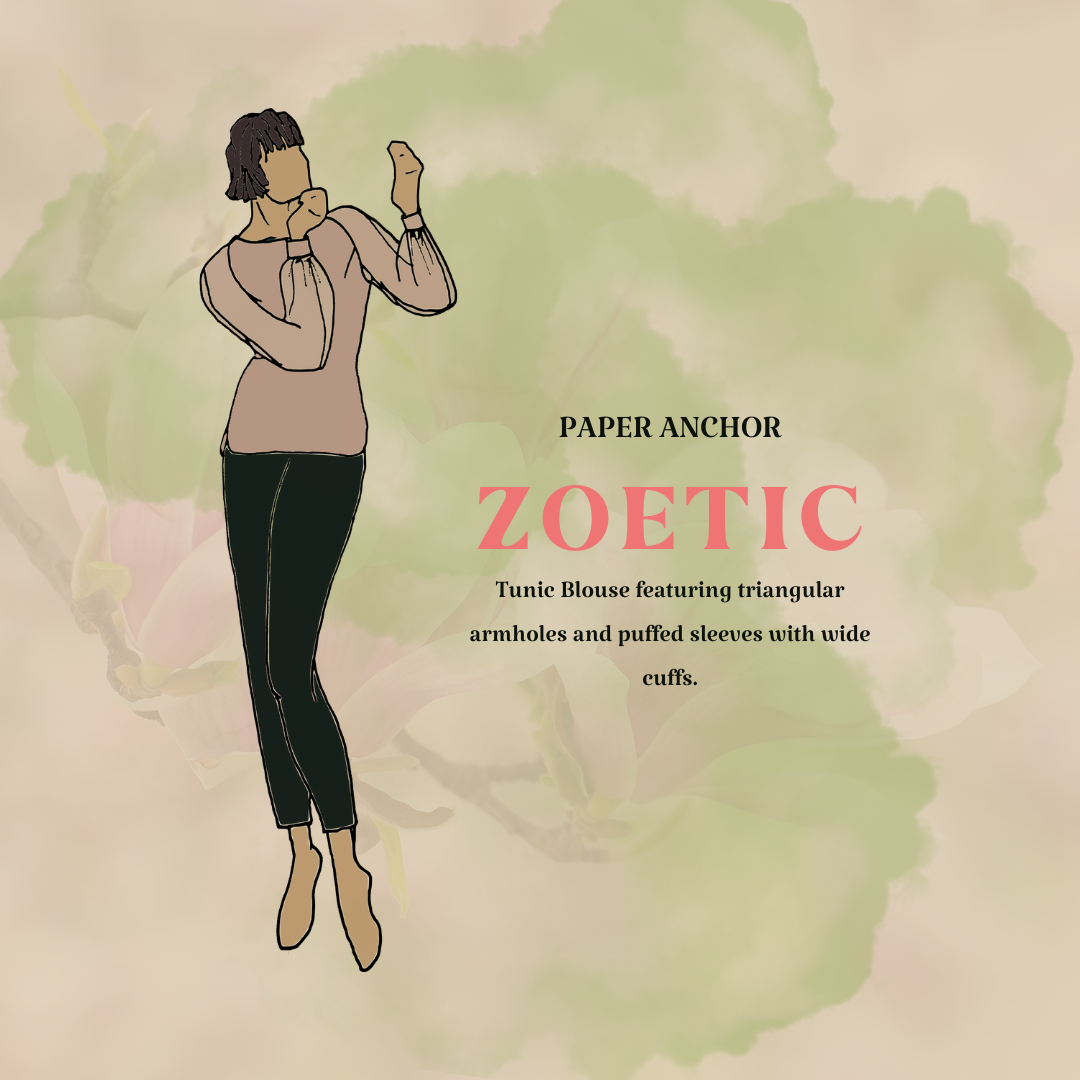 The Zoetic Blouse Sewing Pattern Cover Page and Sketch
