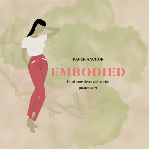 Embodied pants sewing pattern cover page and description. Sketch