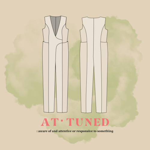 Attuned Jumpsuit sewing pattern cover page with flat sketch and inspirational definition