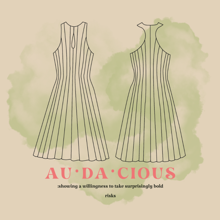 Audacious dress sewing pattern flat sketch and inspirational definition